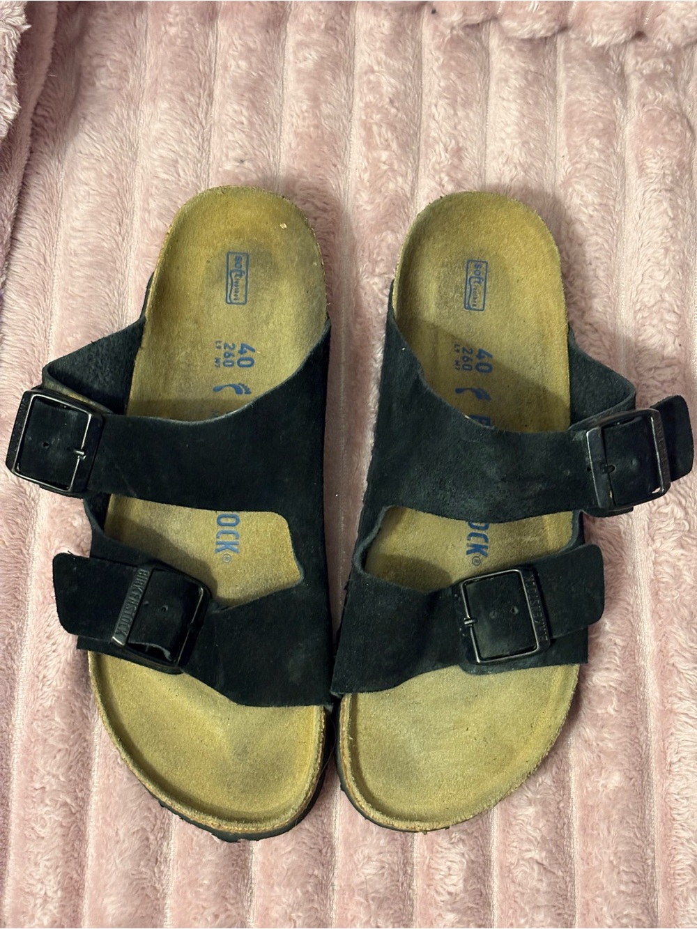 Birkenstock Black Suede Two-Strap Slide Sandals with Buckles